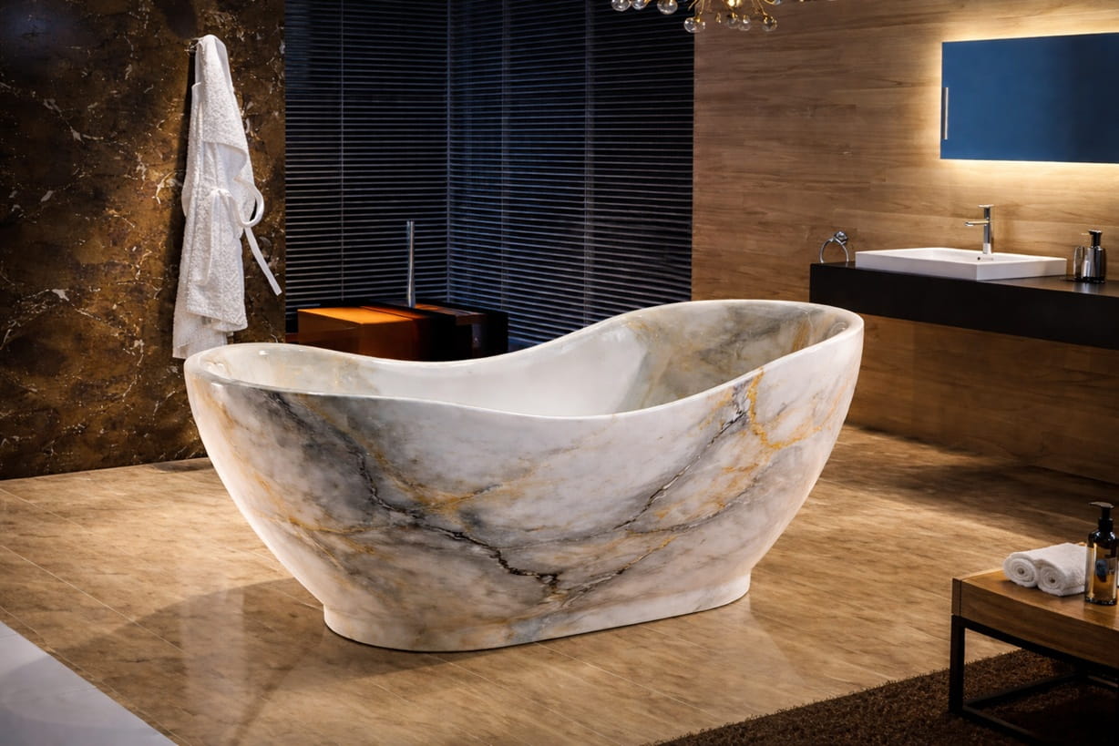 Modern BathSelect bathtub with sleek freestanding profile and minimalist bathroom decor